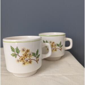 Vtg Coffee Cups Pair Yellow Flowers Green Band Stoneware MCM Oxford Brazil